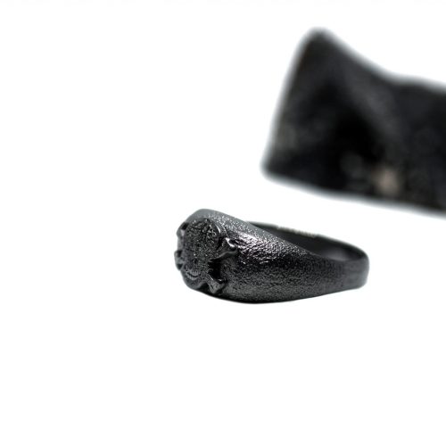 Ανδρικό δαχτυλίδι από ασήμι 925 βαθμών που έχει δεχθεί μαύρη επιπλατίνωση. Το δαχτυλίδι φέρει ένθετο έντεχνο χαρακτικό σχέδιο με νεκροκεφαλή. Σχέδιο για τη συλλογή ''Θυμήσου Σώμα''